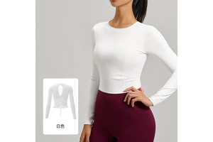 Women's Peach Front Logo Long Sleeve Slim Fit No-Wear Bra Workout Yoga Top Solid Style Seamless Lightweight Pleated Back Running