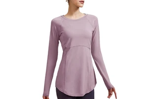 Women's Long-Sleeved Yoga Top Spring Summer Breathable Quick-Drying Fitness Sports Butt-Covering Loose Fit V-neck