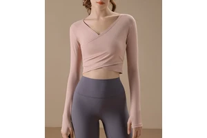 Hot Sale Seamless Comfortable Women Cropped Long Sleeve Sports Top Cross Hem V-Neck Design Yoga Top