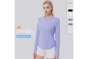 Women's Lightweight Ice Silk UV Protection Long-Sleeved Sweat-Wicking Quick Dry Breathable Sports Running Yoga Wear Loose Fit