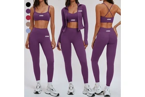 2026 Women's New Sports Suit Solid Color Breathable Stretchy Yoga Wear Long Sleeve Crop Top with Thumb Holes Gym Fitness Sets