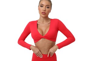Women's Sports Tee Twist Front Deep V Neck Long Sleeve Workout Yoga Crop Tops Padded Sports Bra Yoga Shirt Low Impact
