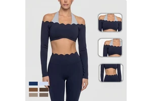 Women Lace Trim Cropped Yoga Long Sleeve Top Tight Breathable Activewear for Fitness Pilates Daily Training