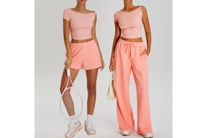Breathable Solid Front Logo Yoga Set Women Quick-Dry Off-Shoulder Short-Sleeve Sports Running Casual Wide-Leg Pants Fitness Wear