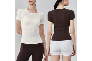 YIYI Scoop Neck Short Sleeve Slim Breathable Sports T-shirts Quick Dry Textured Raglan-cut Mesh Knit Women's Seamless Yoga Top