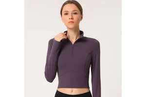 Hot Sale High Stretch Stand Collar Sports Shirts Athletic Wear Gym Wear Yoga Slim Half Zipper Long Sleeve Crop Shirts for Woman