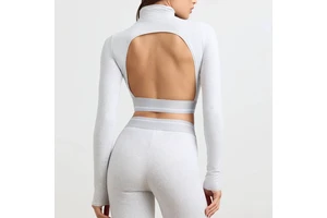 Hot Sale Women's Long Sleeve Yoga Crop Top Sexy Open Back Turtle Neck Sports Shirt Lightweight Cotton Jersey Stretchy Breathable