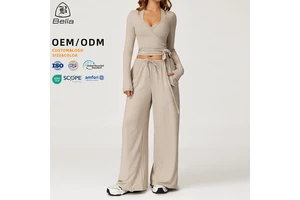 Factory Custom Activewear Outfits Workout Clothing Long Sleeve Crop Top Wide Leg Pants Gym Fitness Yoga Sets For Women