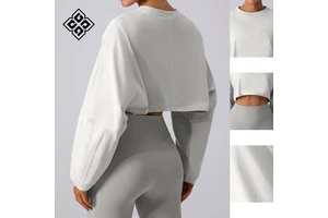 Popular Crew Neck Sweatshirt Nylon Sports Yoga Crop Tops Running Loose Long Sleeve Gym Top for Women
