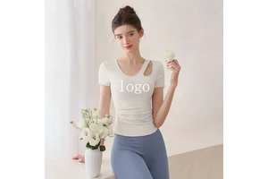 OEM/ODM Custom Women's Yoga Wear T Shirt Hollow Shoulder Fitness Top Lightweight Breathable Waterproof Clothes