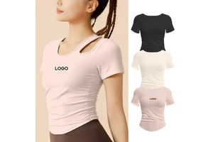 Wholesale Custom Women's High Elastic Short Sleeve Yoga Gym Tops Breathable Quick Dry Sports T Shirt with Built-in Padded Bra
