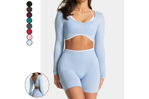 Women's Gym Wear Active Clothing for Women Open Back Long Sleeve Active Wear Color Blocking 2 in 1 Crop Top Seamless Yoga Top