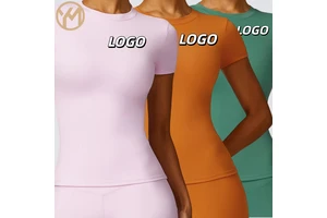 Yimo Women Round Neck Tight Yoga Top Female Short Sleeves Seamless Running Shirt Lady High Stretch Shorts Gym T-shirt