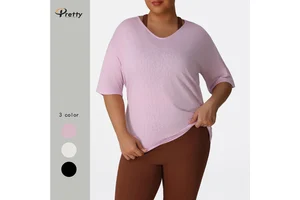 Women's Plus Size Lightweight Yoga Top V-Neck Quick-Dry Breathable Loose Fitness Cover-Up for Outdoor Running Sports Front