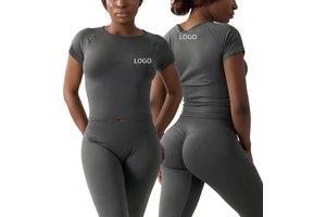 ZL4628 Women Crew Neck Ribbed Slim Fitness Yoga Top High Elastic Summer Workout T-shirt