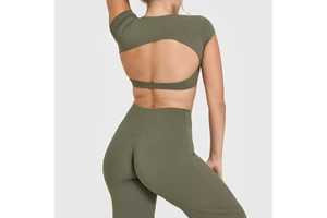 Women's Backless Tight-fitting Spandex/Nylon Solid Short Sleeve Yoga Clothes T-shirt Quick-drying Running Fitness Chest Pads Top