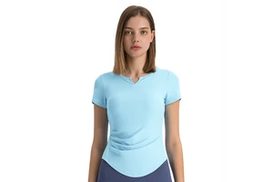 New Rib V Collar With Chest Pad Yoga Clothing Top Waist-tight Slim Look Running Workout Short Sleeve Women's T-shirt