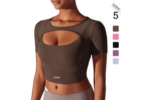 Sexy Mesh Patchwork Short Sleeve Sports Bra Padded Nylon Slimming Workout Shirts Top Gym Fitness Yoga Crop Top