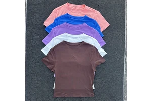 Women's Crew Neck Slim Fit Quick Dry Workout Crop Top T-shirt Yoga Short Sleeve Tummy Control Bodycon Slimming T-shirt