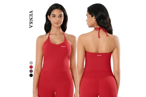 Women Sexy Tie Halter Hollow Out Beautiful Back Deep V-Neck Vest Sleeveless Top With Removable Chest Pad Fitness Yoga Tank Top