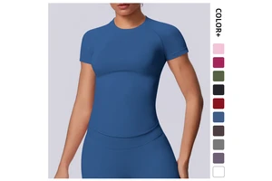 Cross-border New Seamless Tight Short-sleeved Spandex/Nylon Solid T-shirt Yoga Clothing High Elastic Sweat Absorbing Hip Top