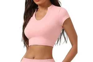 Women's Loose New Summer T-Shirt Casual Solid V-Neck Gym Crop Tops for Sports Yoga Anti-Pilling Woven Spring Workout Crop Tops