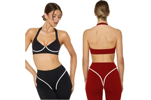 Cross-border Foreign Trade Women's Yoga Tank Top Quick Dry Color Block Design Halter Neck Built-in Chest Pad Spandex/Nylon
