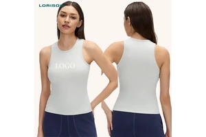 LORISOW Women's Yoga Gym Running Vest Round Neck Soft Tops Custom Logo Ribbed Workout Racer Back Tank Top with Pads