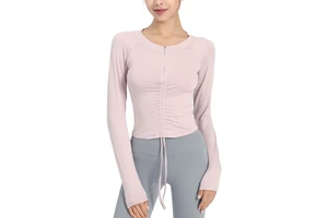 Womens Ruched Long Sleeve Workout Tops Quick Dry Quarter Zip Pullover Crop Yoga Athletic Slim Fit T Shirt