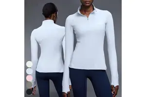 Slim-fit Breathable Solid Fitness Top Front Stand-up Collar Half-zip Design Thumbhole Long Yoga/fitness Reversible Eco-Friendly