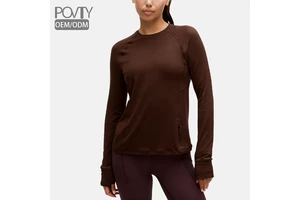 POVTY Custom Women's Classic-Fit Long-Sleeve Quick-dry Shirt for Yoga Fitness Running Round Neck Thumb Holes Side Zip Pockets