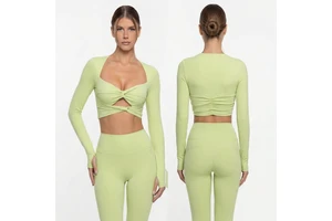 Ladies Fitness Yoga Wear Suit Pleated Crop Top & High Waist Pants Active Wear Set