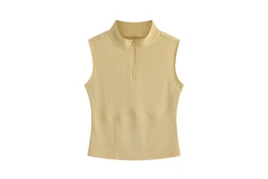 Women's Summer Knitted Cotton Zipper Stand Collar Ribbed Beautiful Back Sports Vest Stretch Sleeveless Inner Wear Yoga Top