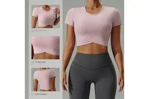 MAYYOUNG Custom Summer Short Sleeve Yoga T Shirt for Women Sexy Crop Round Neck High Stretch Breathable Fitness Sports Top