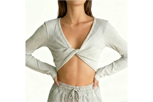 Women Breathable Ribbed Four-Way Stretch Long Sleeve Yoga Crop Top Deep V Neck Twist Front Knot Seamless T-shirt Gym Workout