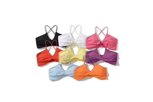 Women's Lightweight Breathable High Stretch Nylon Crop Vest Backless Cross Strap Sports Bra Top for Gym Yoga Built-in Padded