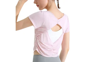 Wholesale Quick Dry Anti-Bacterial Back Hollowout Short Sleeve Gym Yoga Shirt Women Workout Running Fitness Sports Crop Top