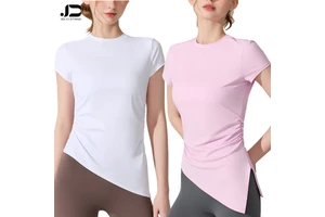 Female Breathable Slit Slim Sports Fitness Outdoor Pilates Training Short Sleeve T-shirt Top Female Yoga Clothes Custom Logo
