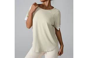 Gym Clothing Quick Drying Breathable Sports T-shirt Round Neck Loose Knit Cuff U Shaped Hem Workout Short Sleeve