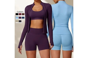 Women's Stand Neck Long Sleeves Yoga Jacket Seamless Full Zipper Windproof Slim Sports Running Top High Stretch Solid Gym Coat