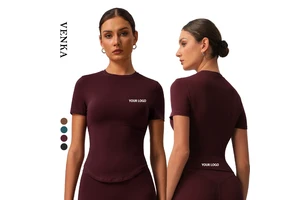 Gym Fitness Wear Women Soft Solid Color Round Neck Shirts Sportswear Lady Curved Hem Slim Fit Running Yoga Short Sleeve T Shirt