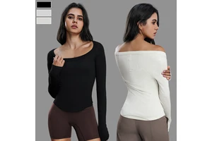 WholesaleModal Fabric Soft Nude Feeling Fitness Wear Large Neckline Slim Fit Breathable Long Sleeved Yoga Top T-Shirt