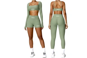 Lady Fitness 2-Piece Sports Bra Yoga Shorts Set Soft Nude Feeling Fabric Reversible Long Sleeve Crop Top Leggings Solid New