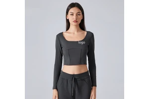 Women's Quick-Drying Long-Sleeved Yoga Top with Elastic Square Neck Customizable Logo Breathable Nude Fitness Shirt-Wholesale