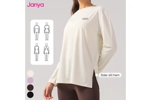 Janya 2026 Nude Feel Soft Elastic Breathable Sports Wear Boat Collar Long Sleeve Fitness Gym Clothing Loose Yoga Shirt for Women