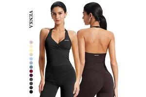 Women Sexy Halter Hollow Out Beautiful Back Deep V-Neck Vest Sleeveless Top With Removable Chest Pad Custom Gym Yoga Tank Top