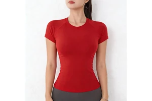 M040 Women Summer Woven Compressed Seamless Fitness Short Sleeve Stretch Running Yoga Solid Slim Fit Sweet Speed Dry T-shirt