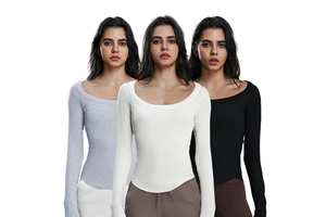 D25181 Women Sexy Long Sleeve Yoga Crop Tops Off Shoulder Running Sports Gym T-Shirts with Neat Hem and Elastic Cuffs