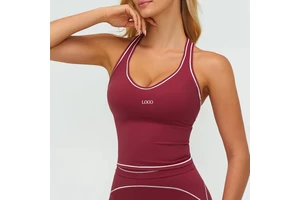 Custom Logo Women Sportswear V Neck Contrast Paneling Slim Gym Vest Manufacture Racerback Quick Dry Breathable Fitness Tank Top