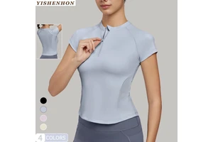 YISHENHON Women's Quick-Dry Yoga T-Shirt Waist Slimming 4-Way Stretch Top Breathable Fabric short Sleeve & Half Zipper